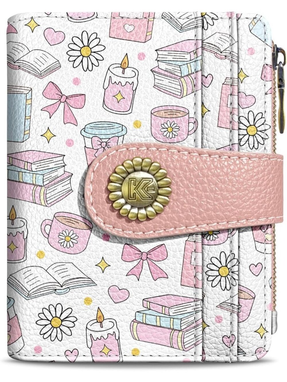 Women Book Lover Skull Goth RFID Coin Pocket Vegan Pu Leather Zipper Wallet